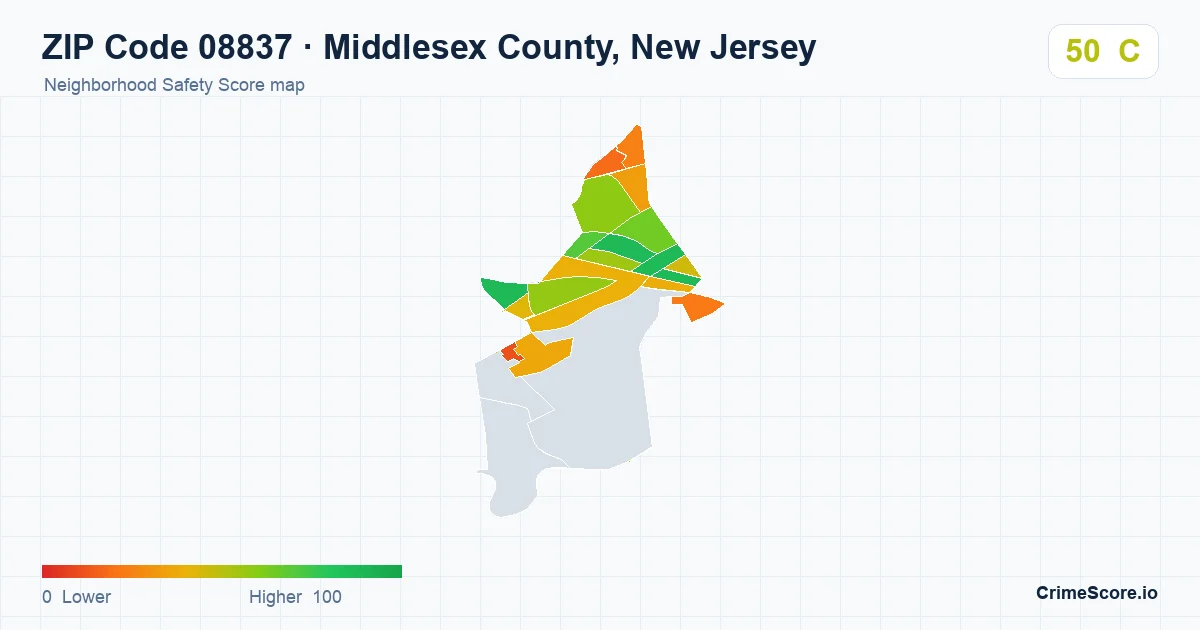 ZIP Code 08837 in Middlesex County, New Jersey neighborhood Safety Score map