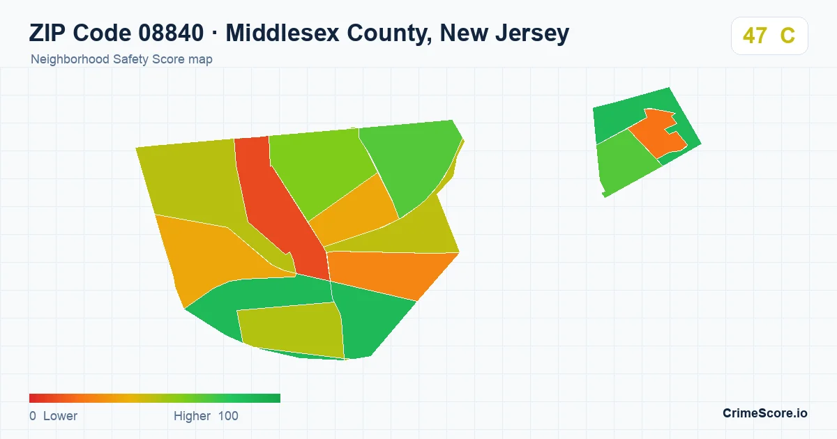 ZIP Code 08840 in Middlesex County, New Jersey neighborhood Safety Score map