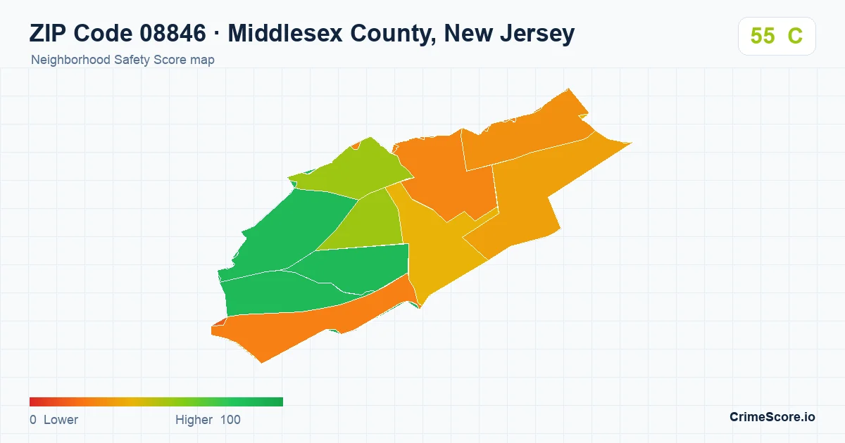 ZIP Code 08846 in Middlesex County, New Jersey neighborhood Safety Score map