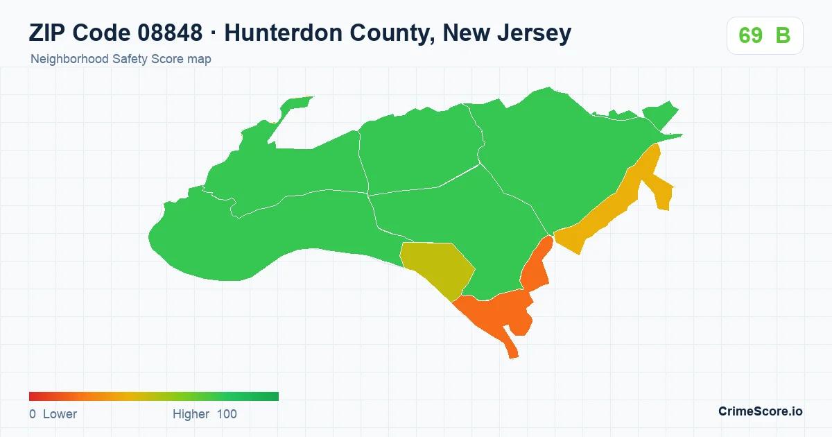 ZIP Code 08848 in Hunterdon County, New Jersey neighborhood Safety Score map