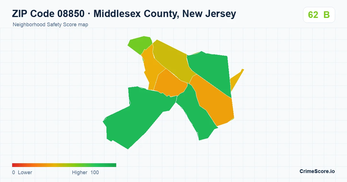 ZIP Code 08850 in Middlesex County, New Jersey neighborhood Safety Score map