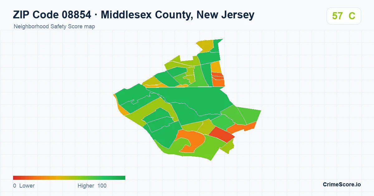 ZIP Code 08854 in Middlesex County, New Jersey neighborhood Safety Score map
