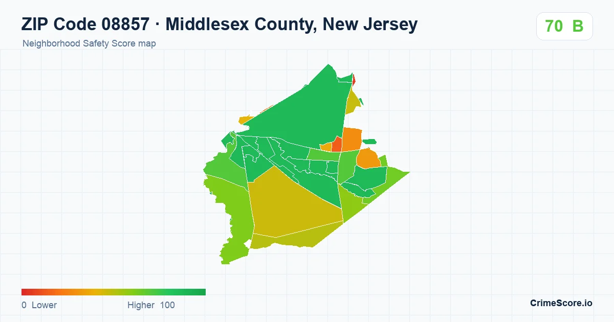 ZIP Code 08857 in Middlesex County, New Jersey neighborhood Safety Score map