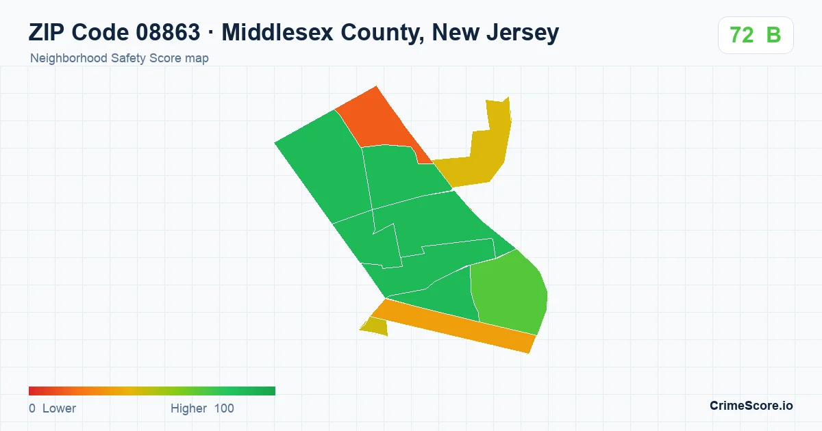 ZIP Code 08863 in Middlesex County, New Jersey neighborhood Safety Score map