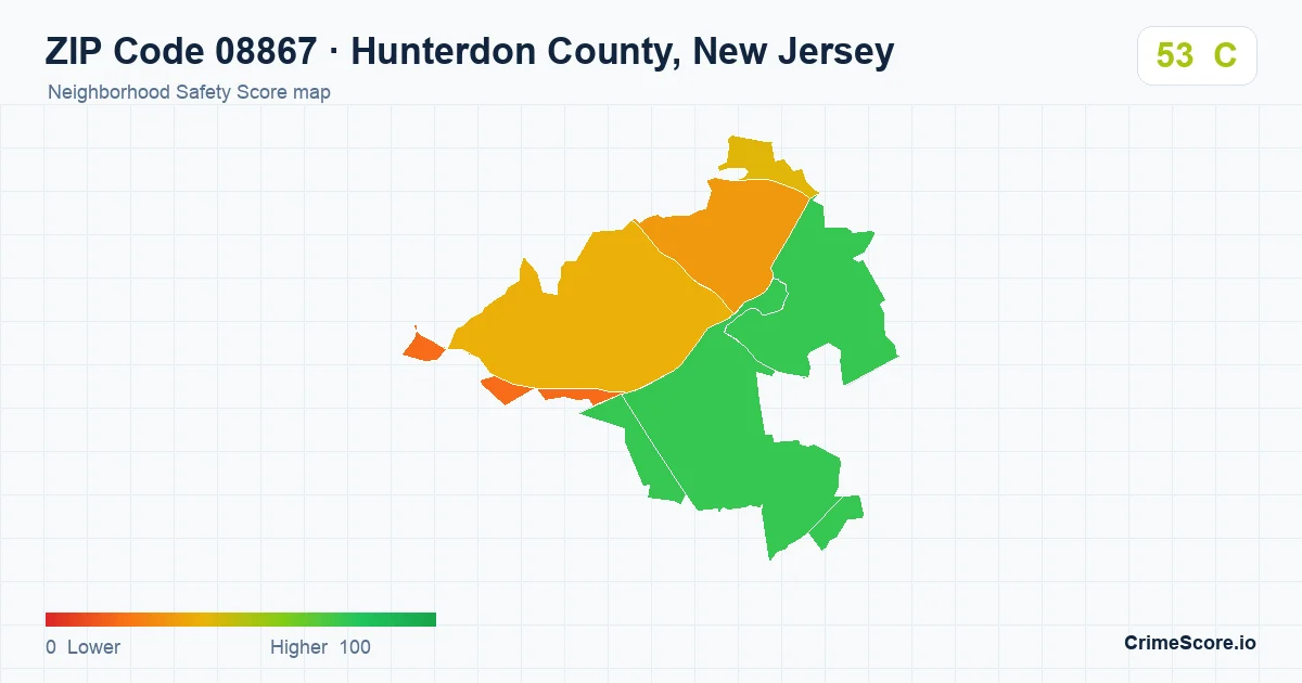 ZIP Code 08867 in Hunterdon County, New Jersey neighborhood Safety Score map