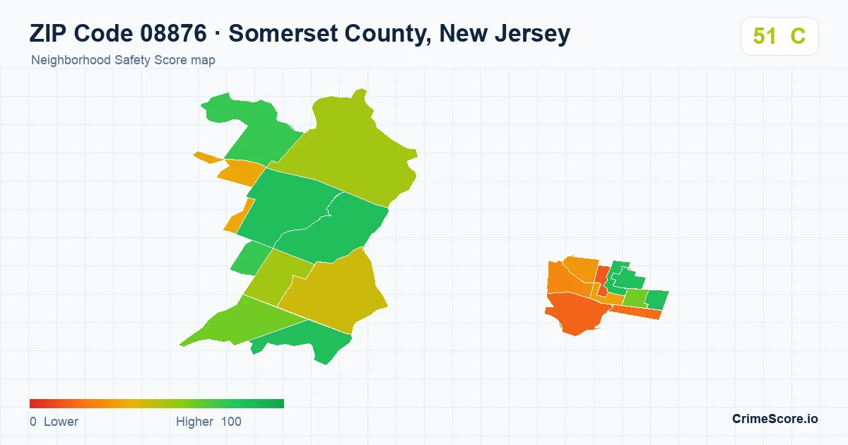 ZIP Code 08876 in Somerset County, New Jersey neighborhood Safety Score map