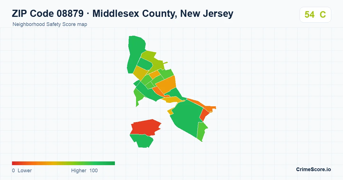 ZIP Code 08879 in Middlesex County, New Jersey neighborhood Safety Score map