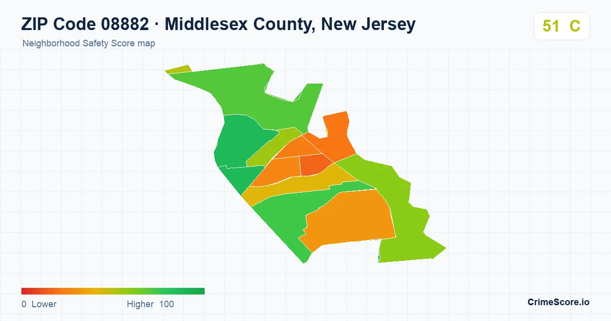ZIP Code 08882 in Middlesex County, New Jersey neighborhood Safety Score map