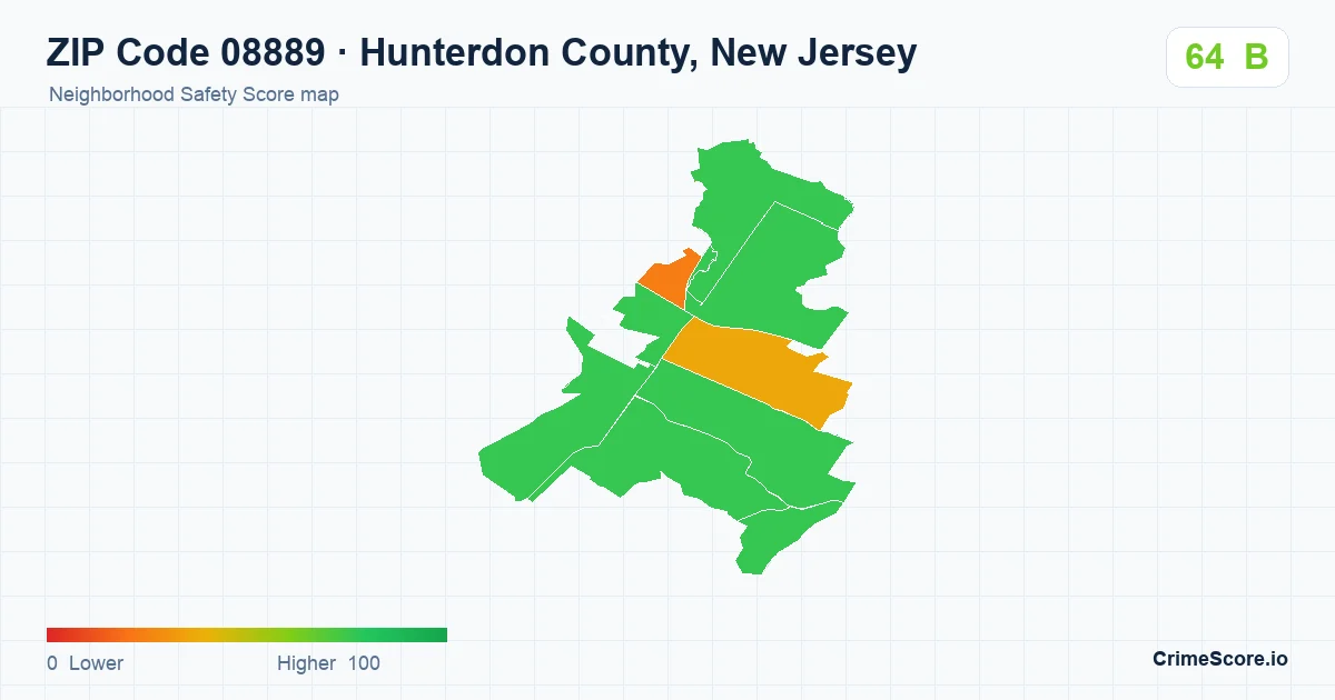 ZIP Code 08889 in Hunterdon County, New Jersey neighborhood Safety Score map