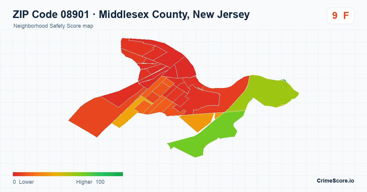 ZIP Code 08901 in Middlesex County, New Jersey neighborhood Safety Score map