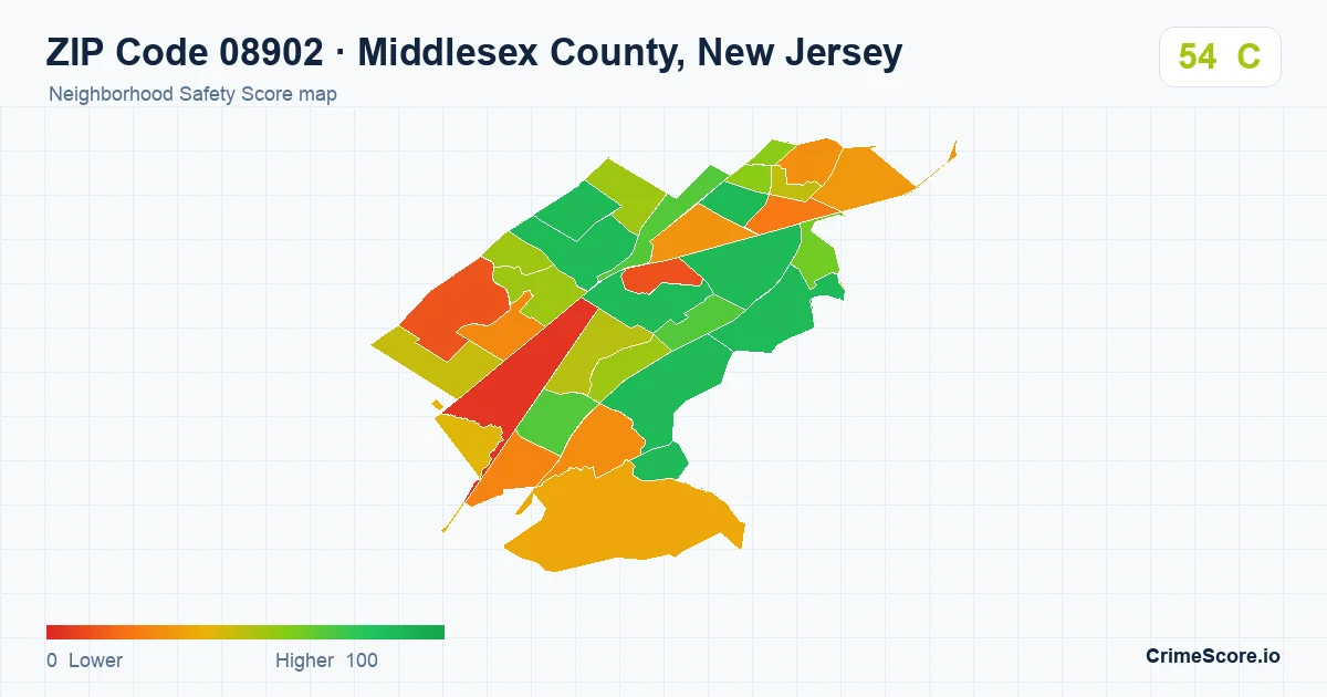 ZIP Code 08902 in Middlesex County, New Jersey neighborhood Safety Score map
