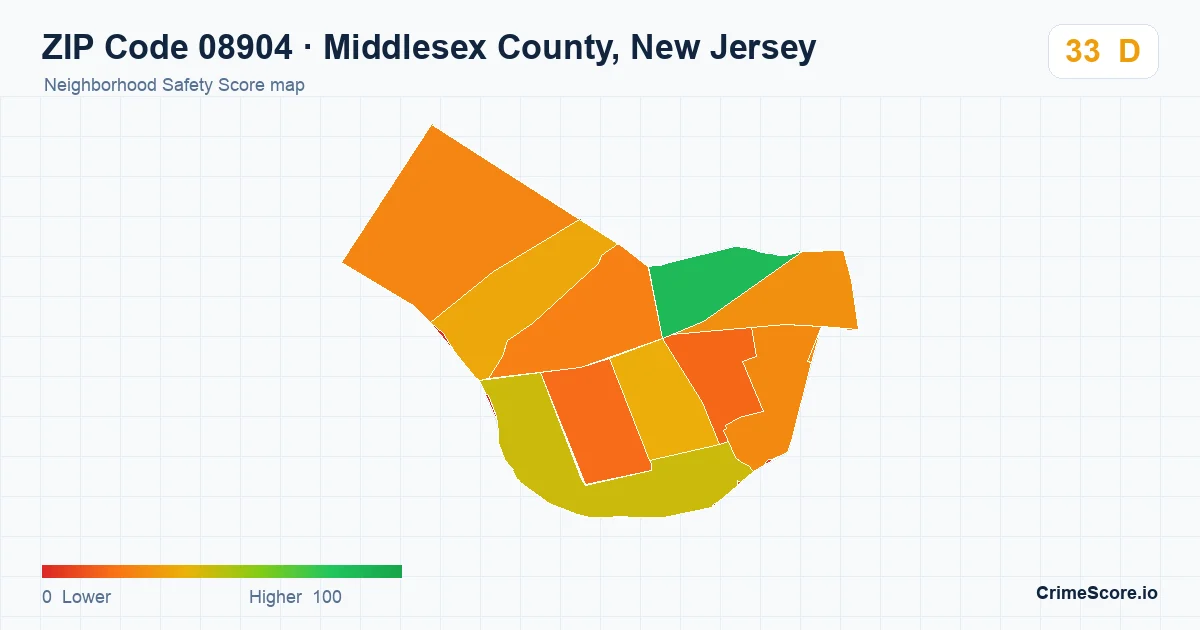 ZIP Code 08904 in Middlesex County, New Jersey neighborhood Safety Score map
