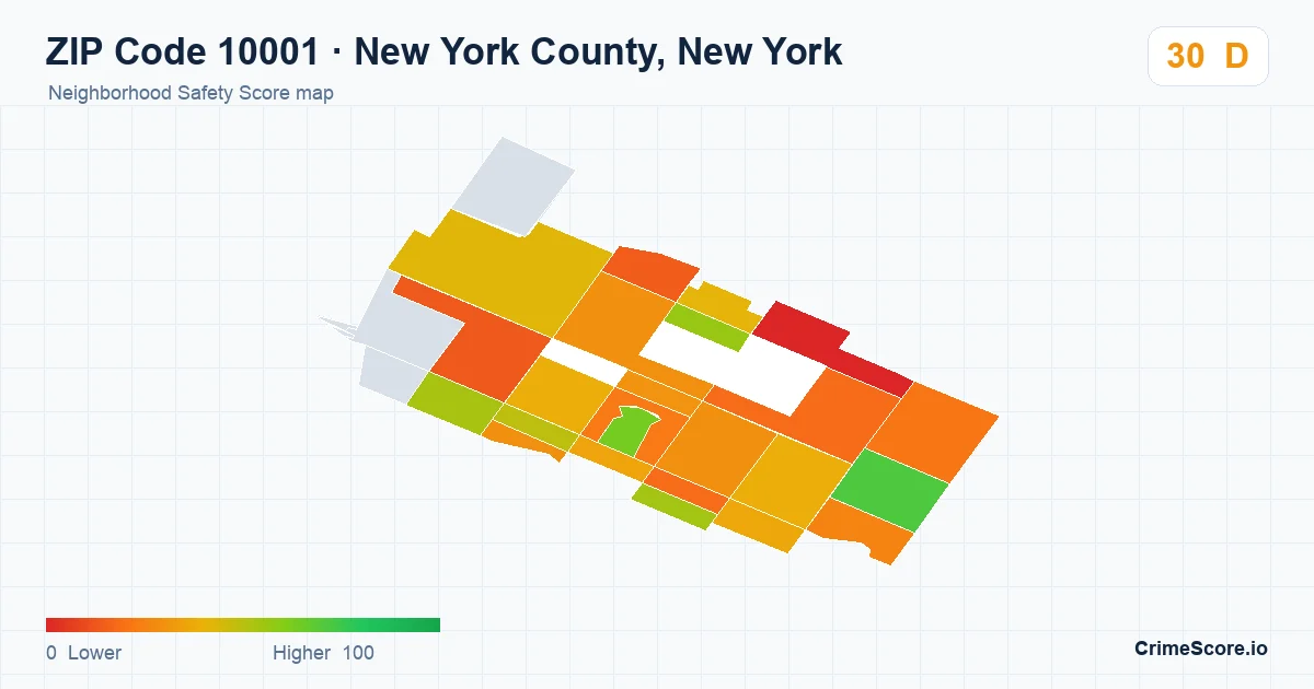 ZIP Code 10001 in New York County, New York neighborhood Safety Score map