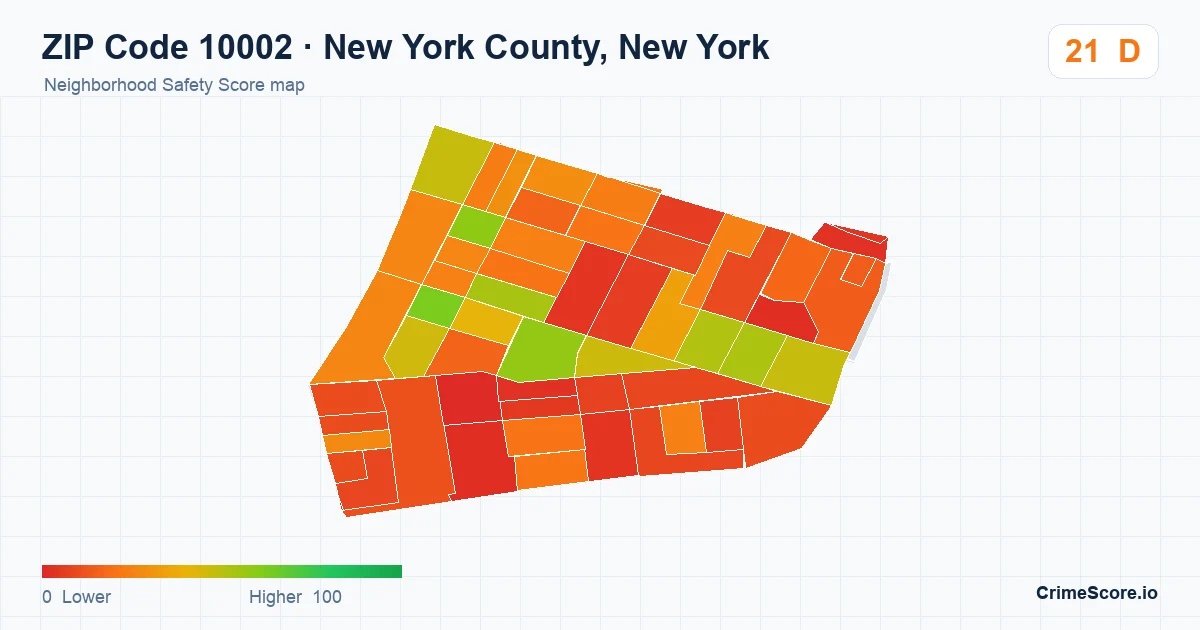 ZIP Code 10002 in New York County, New York neighborhood Safety Score map