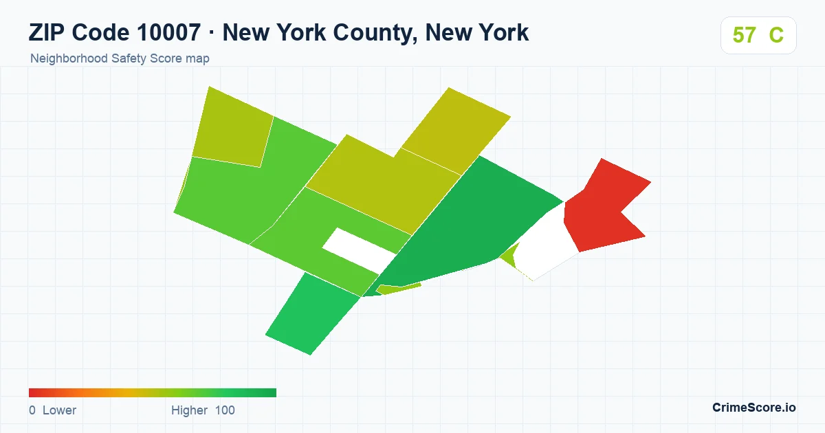 ZIP Code 10007 in New York County, New York neighborhood Safety Score map