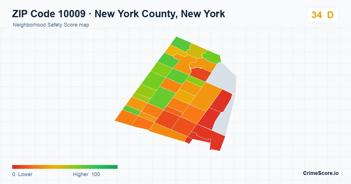 ZIP Code 10009 in New York County, New York neighborhood Safety Score map