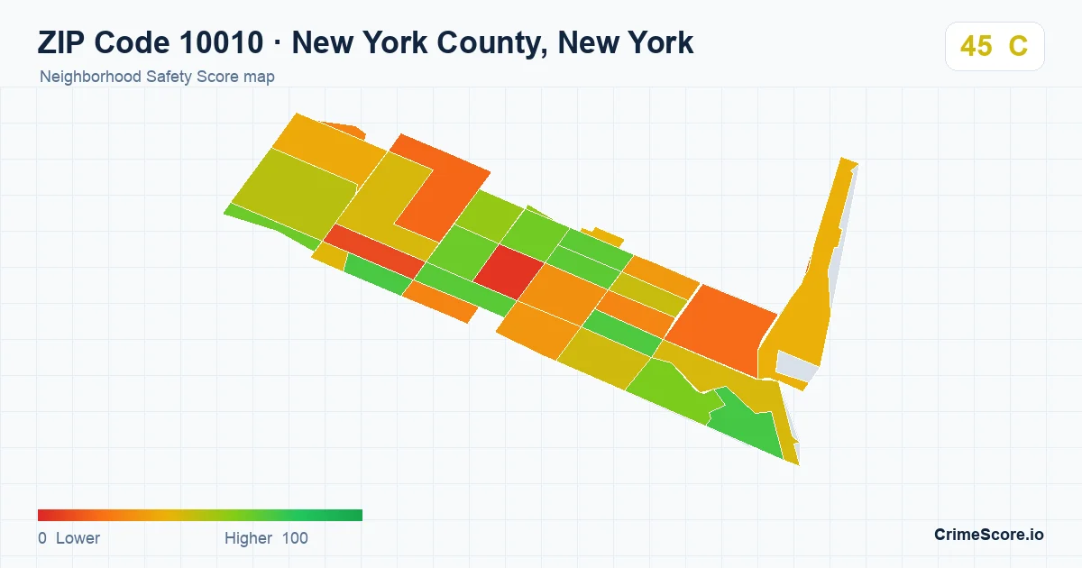 ZIP Code 10010 in New York County, New York neighborhood Safety Score map