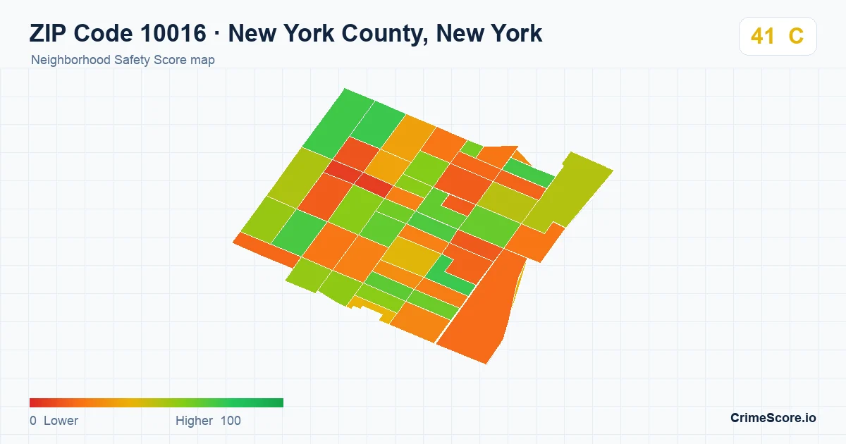 ZIP Code 10016 in New York County, New York neighborhood Safety Score map