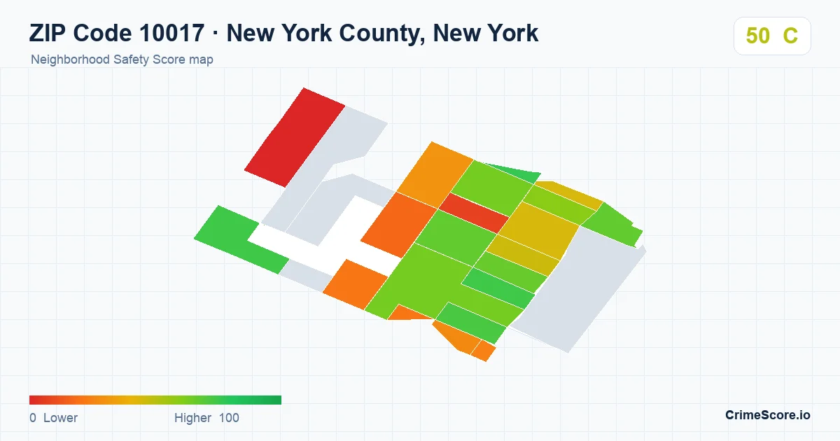 ZIP Code 10017 in New York County, New York neighborhood Safety Score map