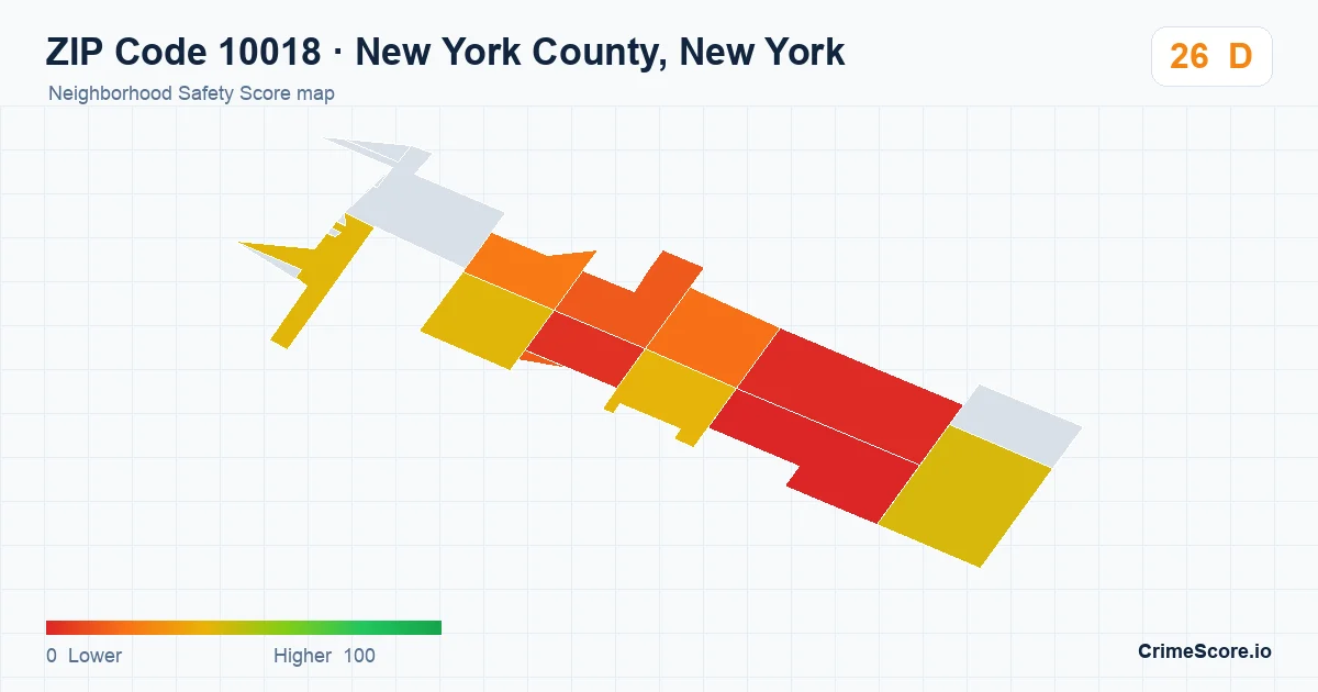 ZIP Code 10018 in New York County, New York neighborhood Safety Score map