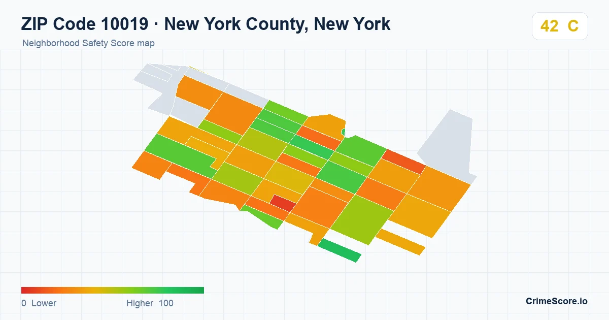 ZIP Code 10019 in New York County, New York neighborhood Safety Score map