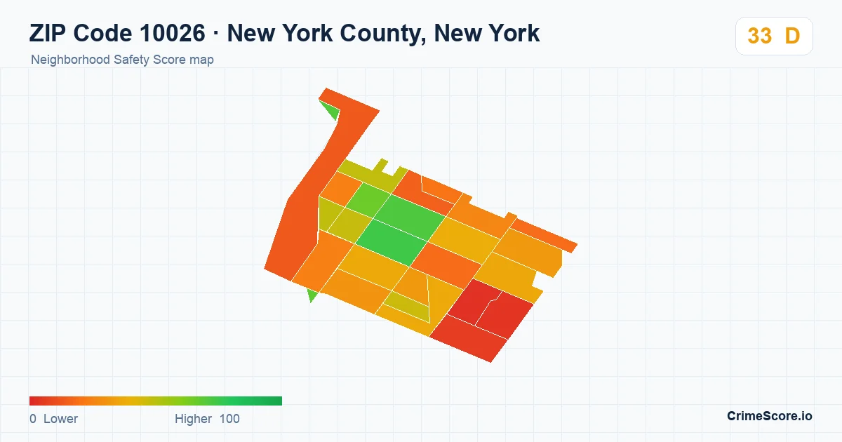 ZIP Code 10026 in New York County, New York neighborhood Safety Score map
