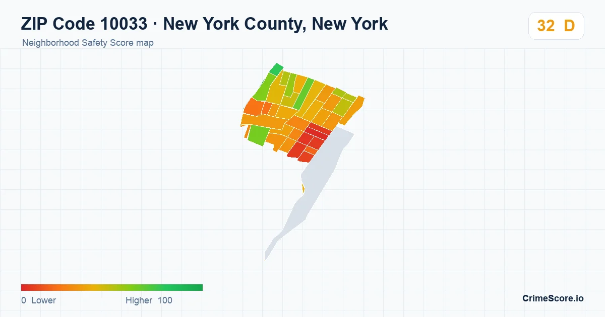 ZIP Code 10033 in New York County, New York neighborhood Safety Score map