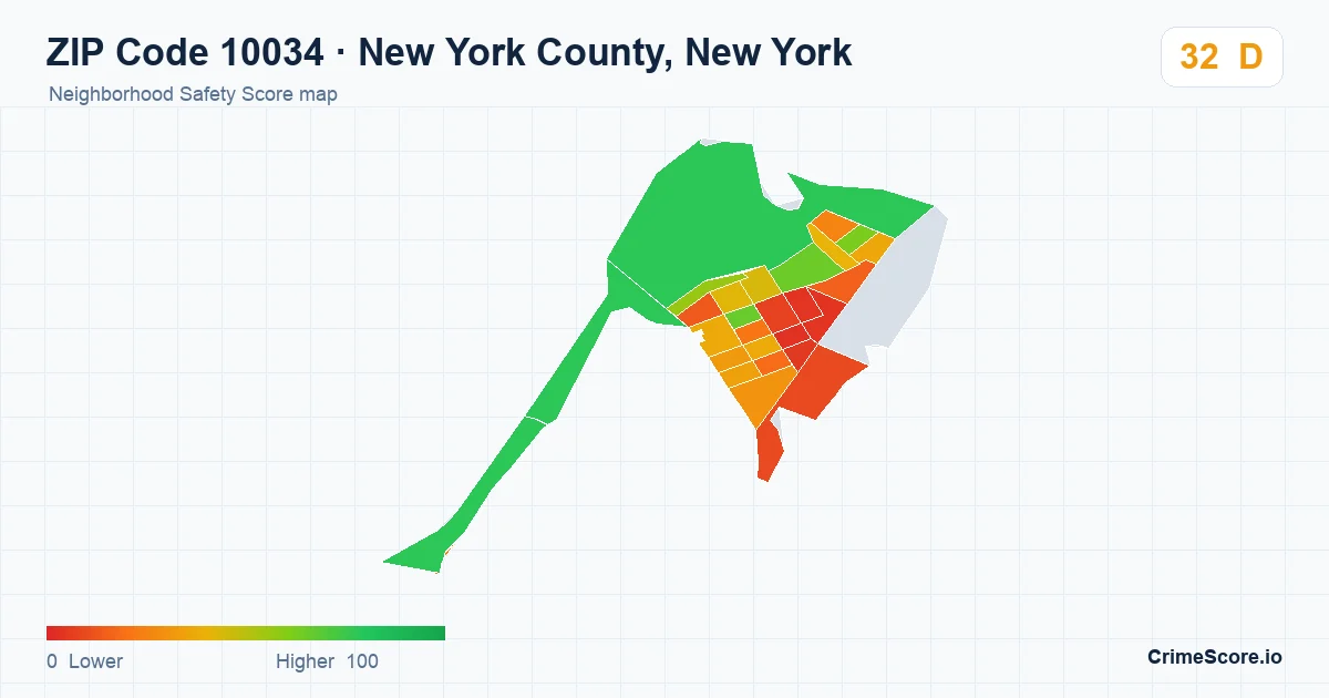 ZIP Code 10034 in New York County, New York neighborhood Safety Score map