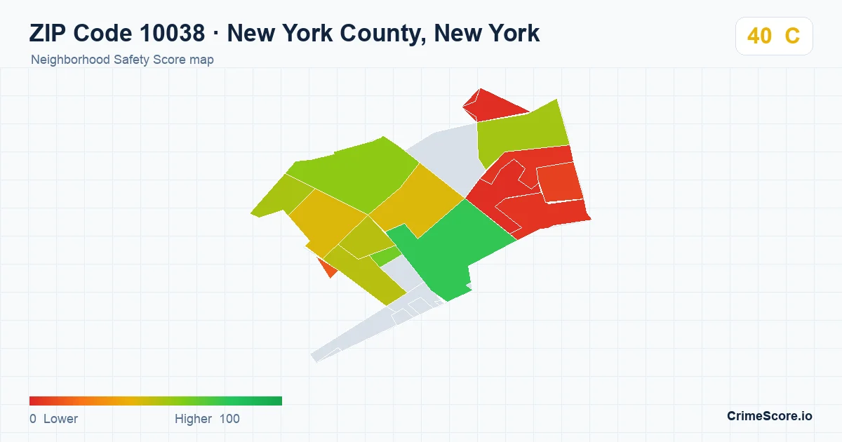ZIP Code 10038 in New York County, New York neighborhood Safety Score map