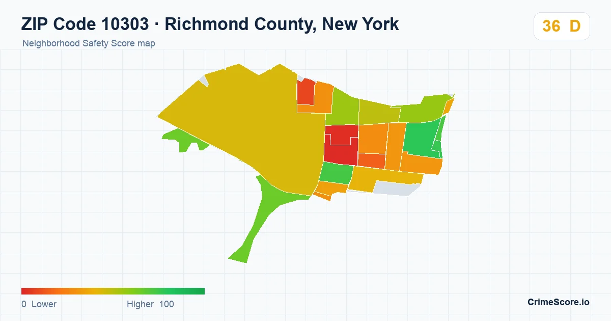 ZIP Code 10303 in Richmond County, New York neighborhood Safety Score map