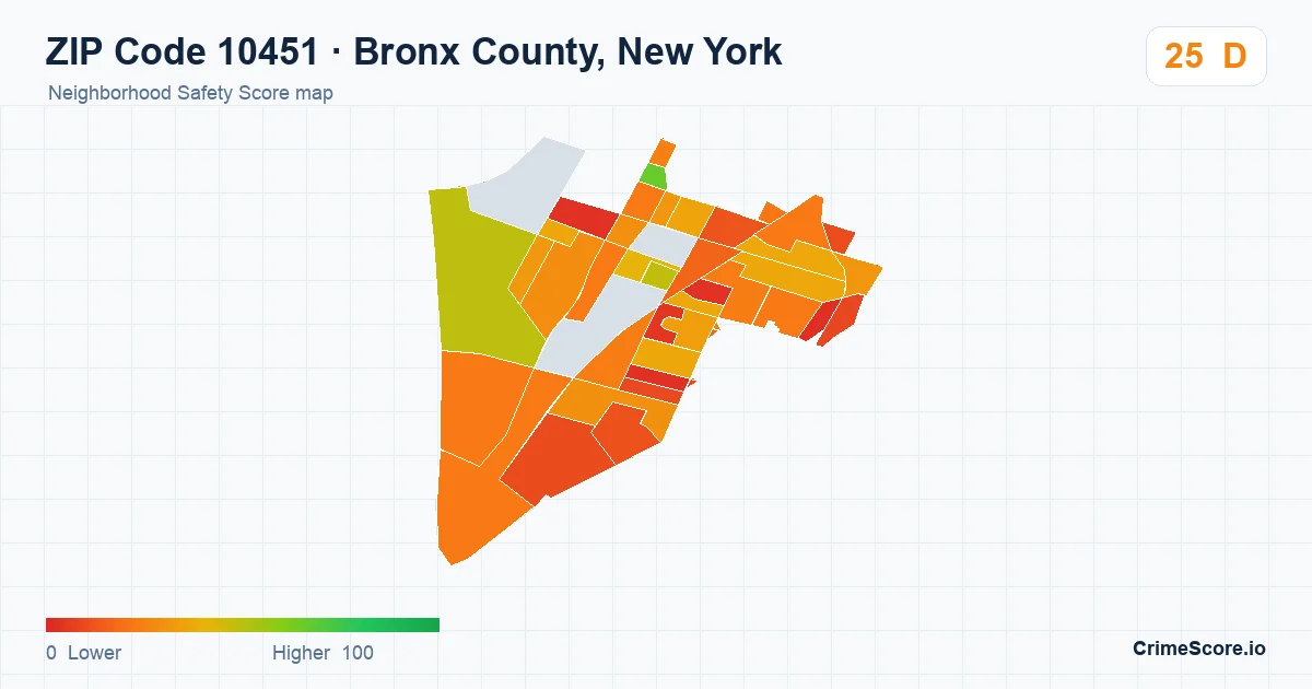 ZIP Code 10451 in Bronx County, New York neighborhood Safety Score map