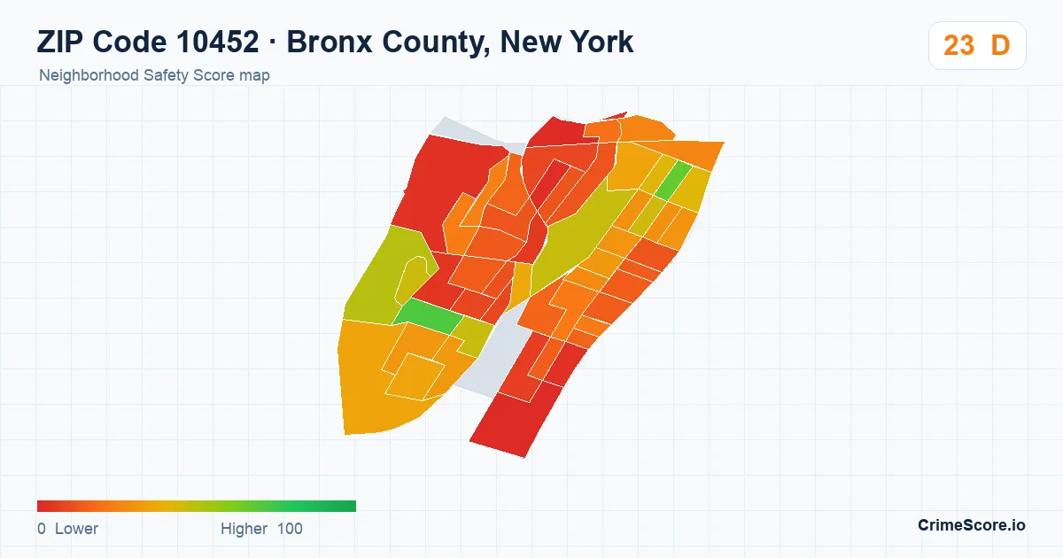 ZIP Code 10452 in Bronx County, New York neighborhood Safety Score map