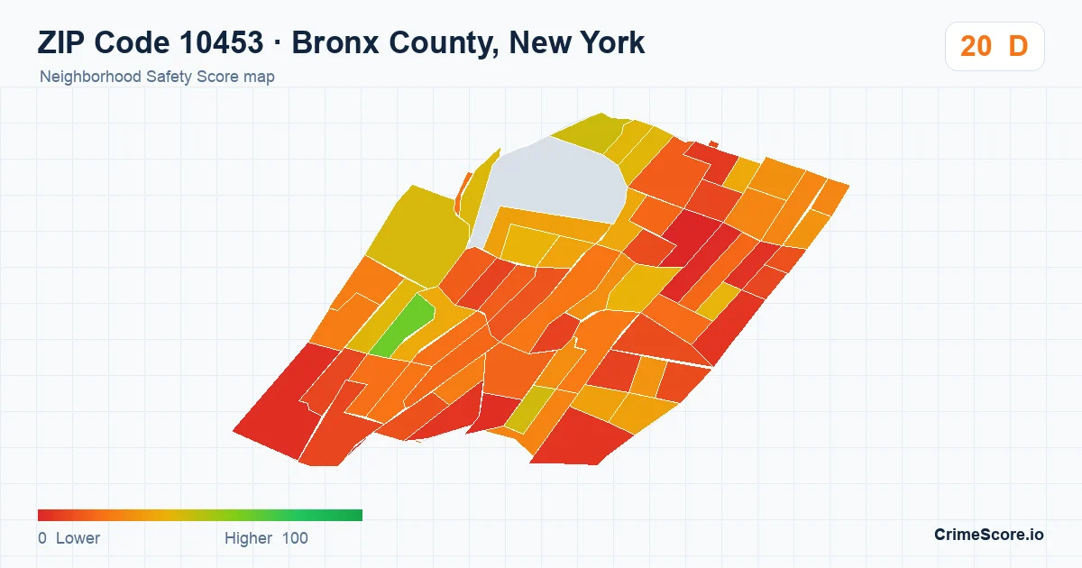 ZIP Code 10453 in Bronx County, New York neighborhood Safety Score map