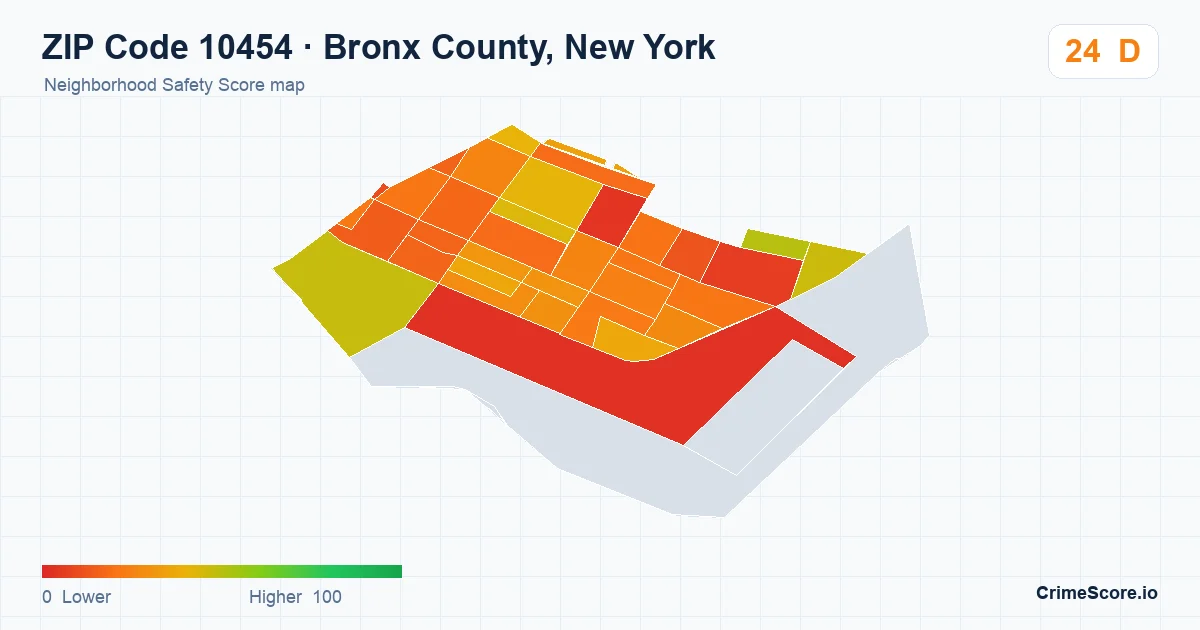 ZIP Code 10454 in Bronx County, New York neighborhood Safety Score map