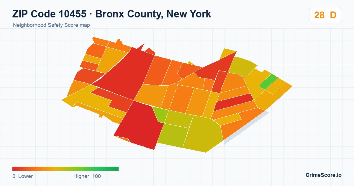 ZIP Code 10455 in Bronx County, New York neighborhood Safety Score map