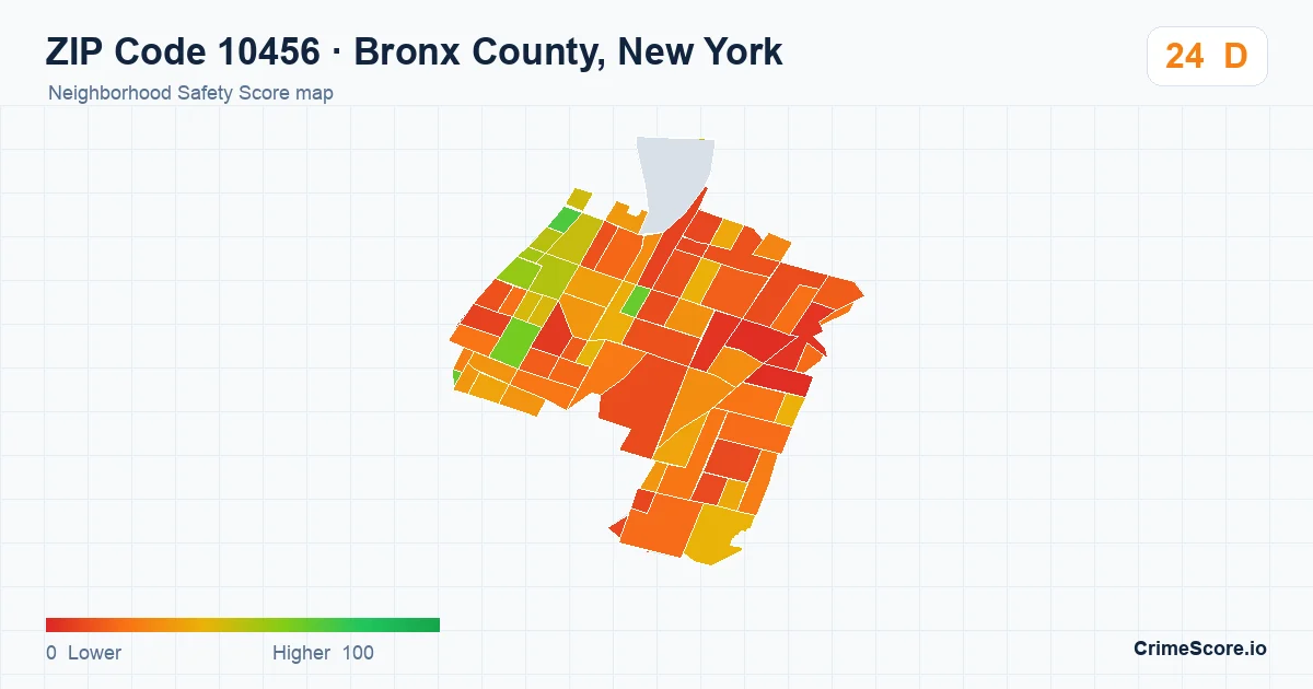 ZIP Code 10456 in Bronx County, New York neighborhood Safety Score map