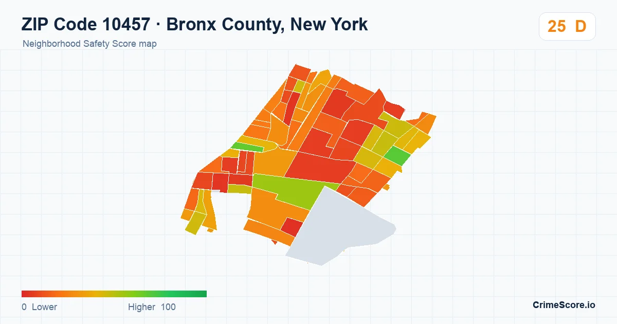 ZIP Code 10457 in Bronx County, New York neighborhood Safety Score map