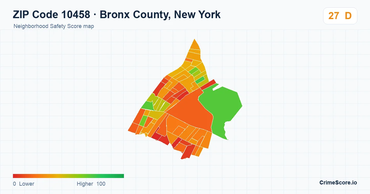 ZIP Code 10458 in Bronx County, New York neighborhood Safety Score map