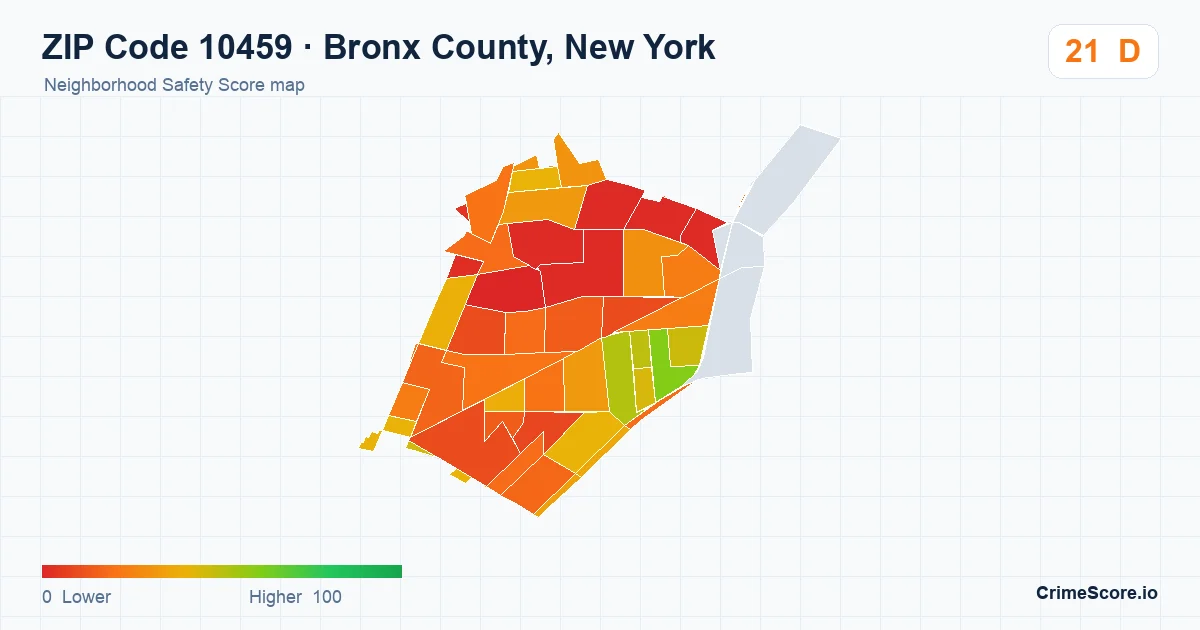 ZIP Code 10459 in Bronx County, New York neighborhood Safety Score map