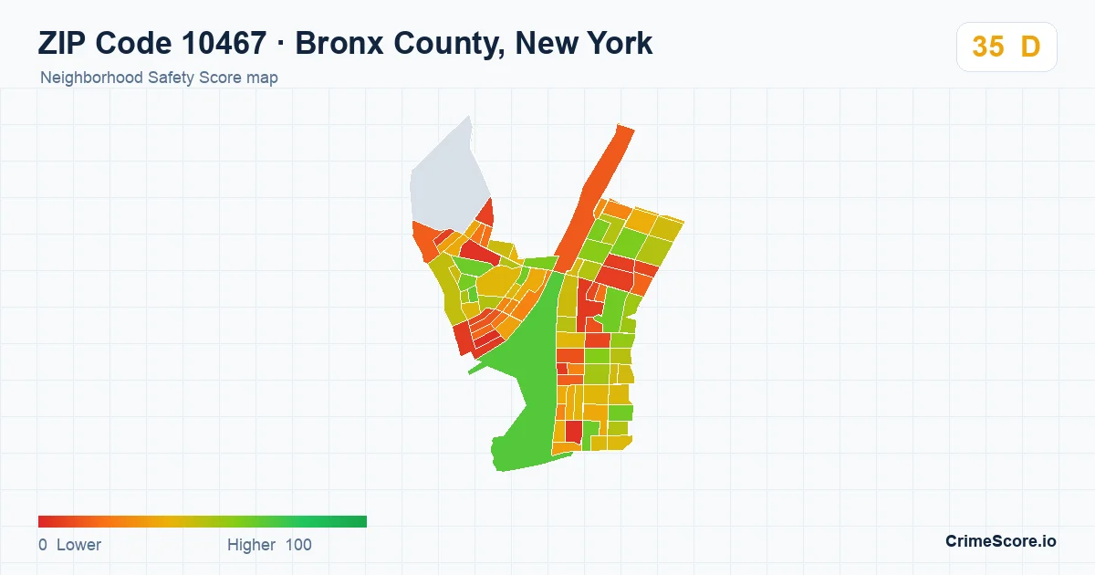 ZIP Code 10467 in Bronx County, New York neighborhood Safety Score map