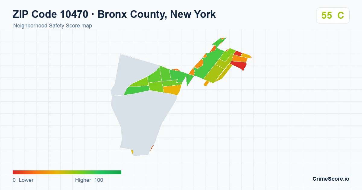 ZIP Code 10470 in Bronx County, New York neighborhood Safety Score map