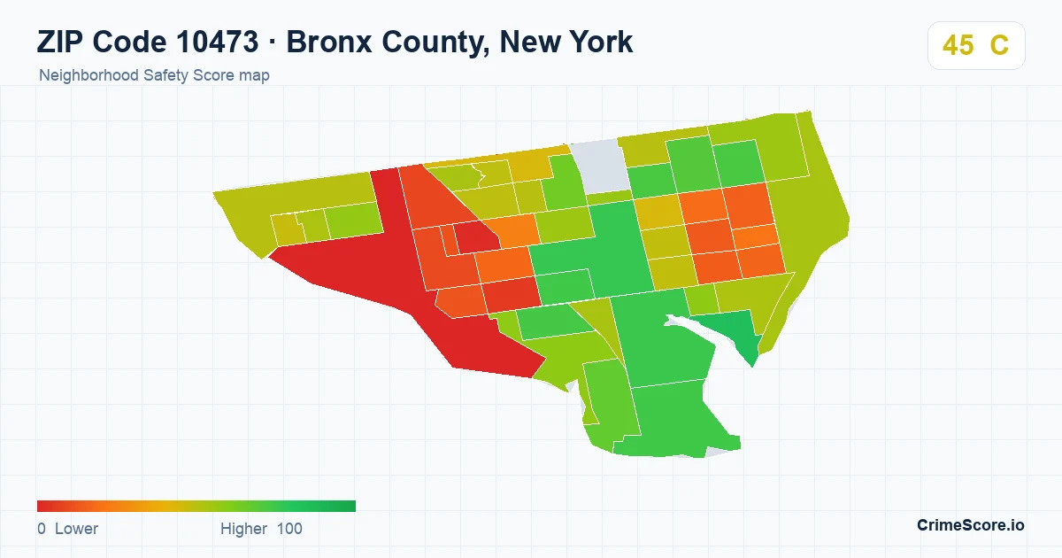 ZIP Code 10473 in Bronx County, New York neighborhood Safety Score map