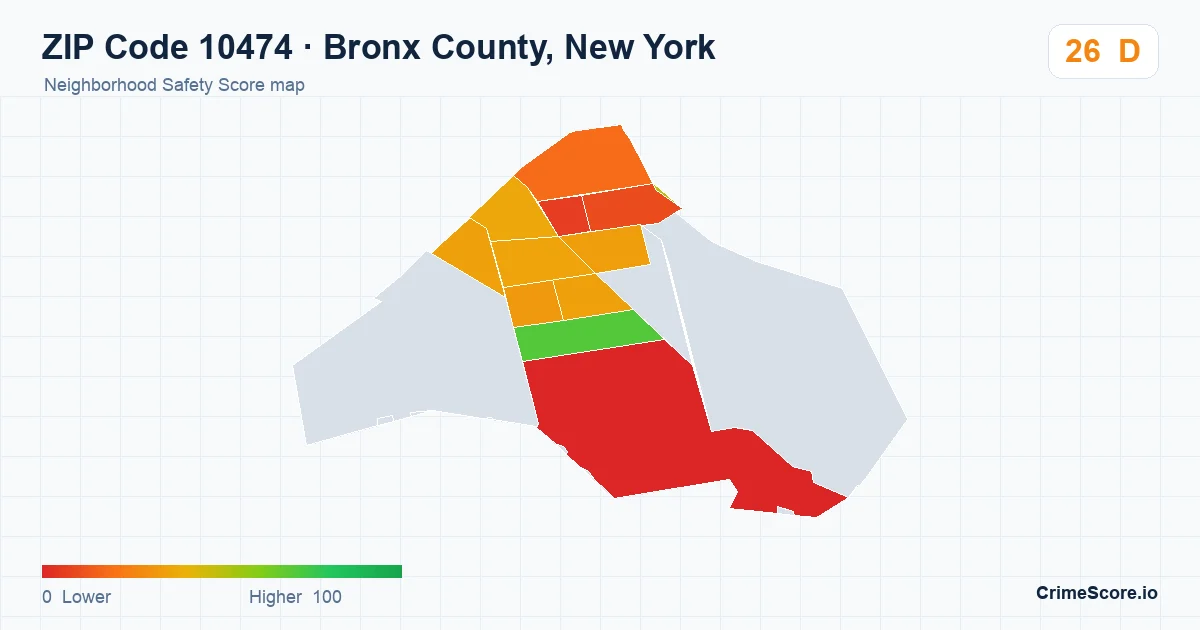 ZIP Code 10474 in Bronx County, New York neighborhood Safety Score map