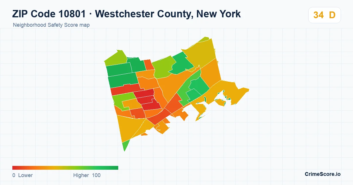 ZIP Code 10801 in Westchester County, New York neighborhood Safety Score map