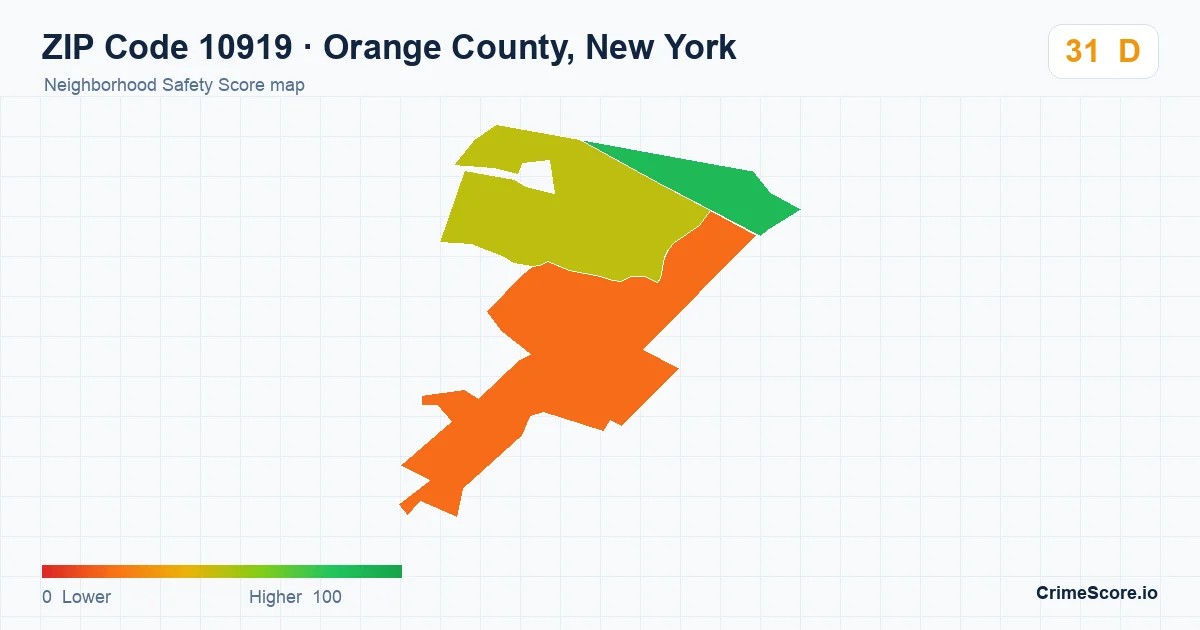 ZIP Code 10919 in Orange County, New York neighborhood Safety Score map