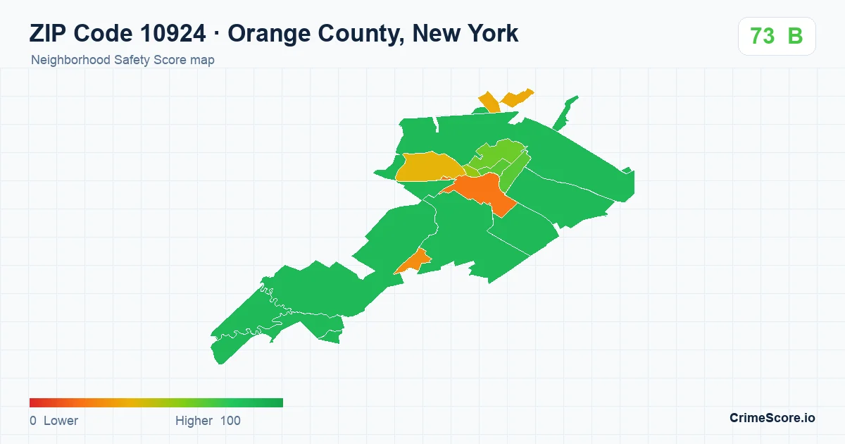 ZIP Code 10924 in Orange County, New York neighborhood Safety Score map