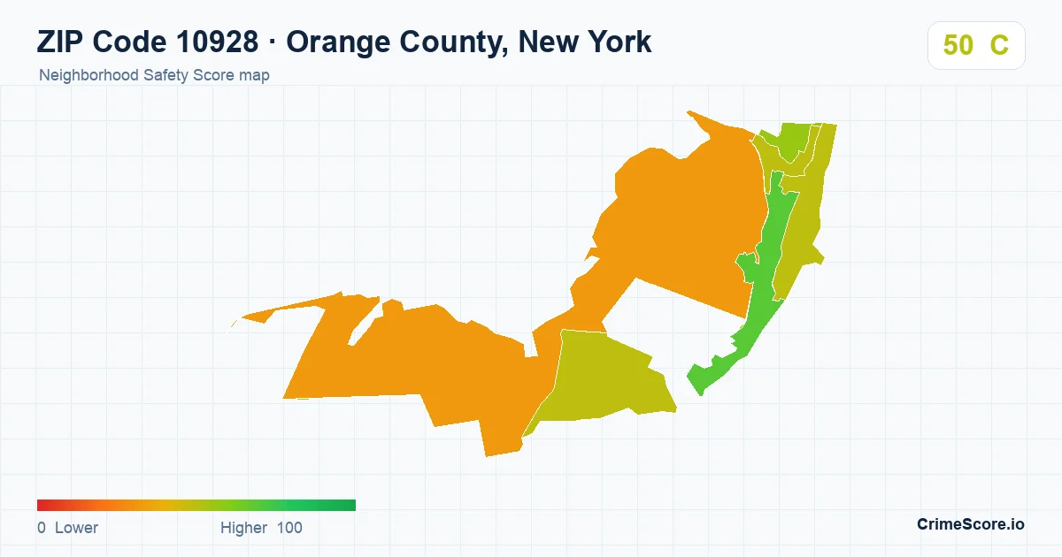 ZIP Code 10928 in Orange County, New York neighborhood Safety Score map