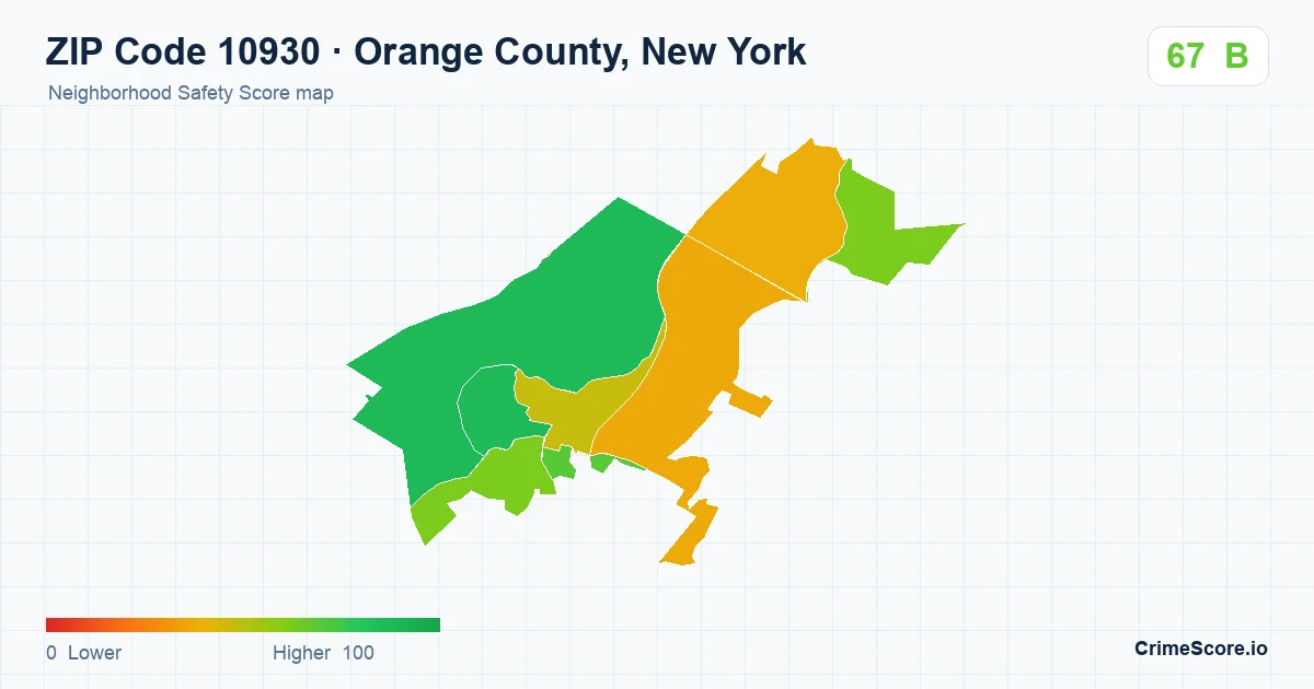 ZIP Code 10930 in Orange County, New York neighborhood Safety Score map