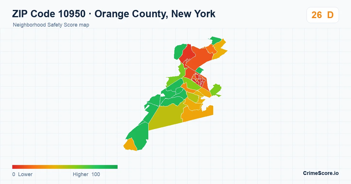 ZIP Code 10950 in Orange County, New York neighborhood Safety Score map