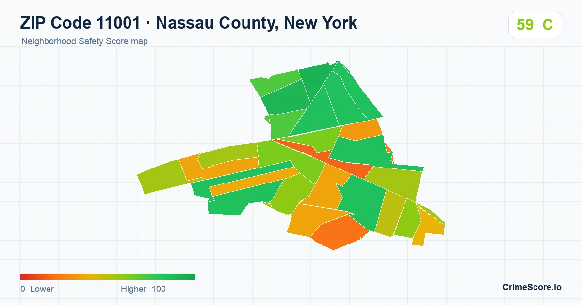 ZIP Code 11001 in Nassau County, New York neighborhood Safety Score map